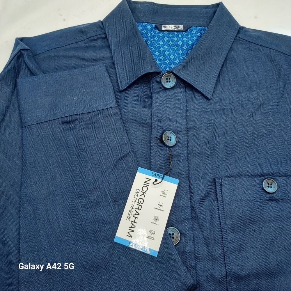 Nick Graham Everywhere Mens Large Navy Blue Herringbone Cotton Linen Button Down